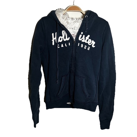 Hollister Tops - Hollister Y2K Navy Graphic Logo Fur Hoodie Size L Zip Up 00s Warm Heavy Nostalgi